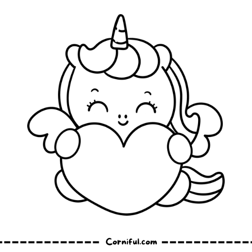 Baby Unicorn holding Heart Coloring Page