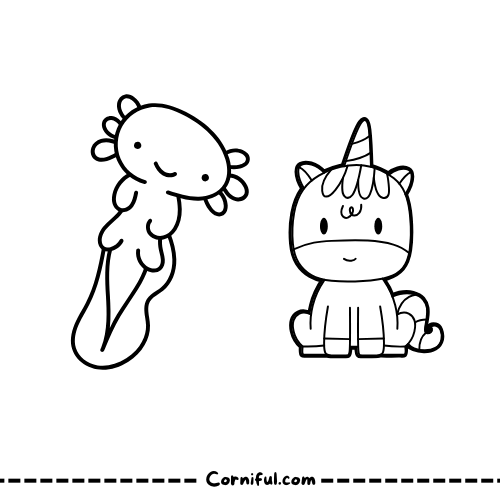 Axolotl with Unicorn Coloring Page