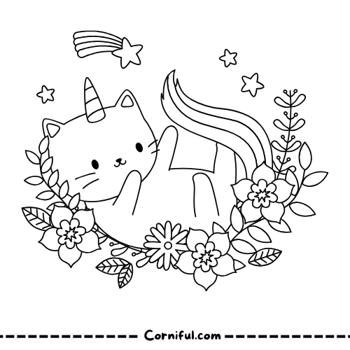 Flowers Cat Unicorn Coloring Page