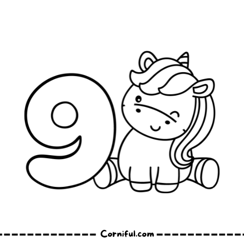 Unicorn Coloring Page with number 9