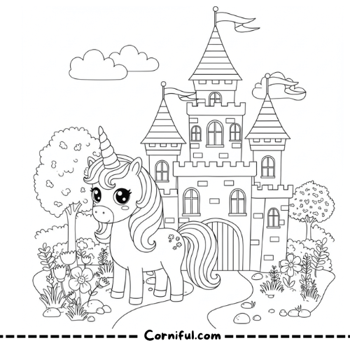 Unicorn and Castle Coloring Page