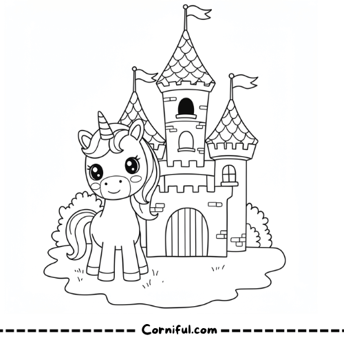 Unicorn and Castle Coloring Page