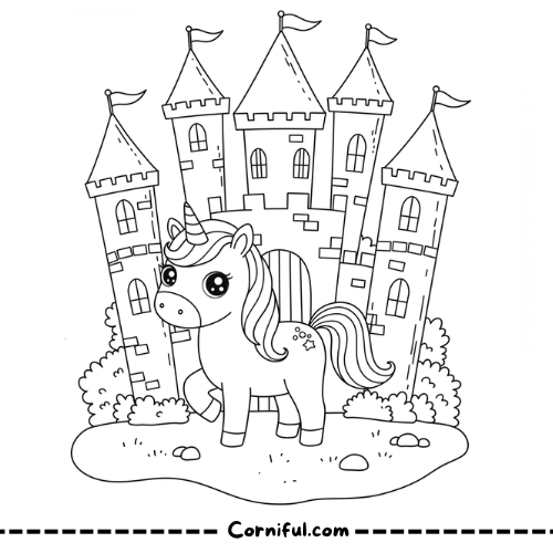 Unicorn and Castle Coloring Page